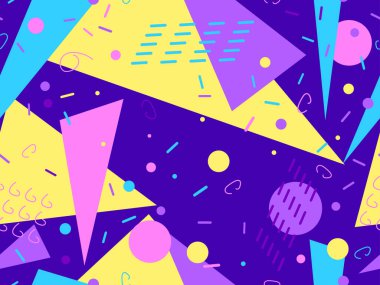 80 'lerin tarzında, geometrik, pürüzsüz desen. Memphis tarzı elementler. Baskı kağıdı, ambalaj kağıdı ve promosyon malzemeleri için renkli soyut bir arkaplan. Vektör illüstrasyonu