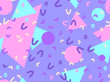 80 'lerin tarzında, geometrik, pürüzsüz desen. Memphis tarzı elementler. Baskı kağıdı, ambalaj kağıdı ve promosyon malzemeleri için renkli soyut bir arkaplan. Vektör illüstrasyonu