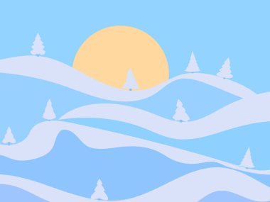 Minimalizm tarzında kış manzarası. Karla kaplı tepeler ve köknar ağaçları olan dağlar. Karlı dalgalı manzara. Baskı ve posterler için tasarım, promosyon ürünleri. Vektör illüstrasyonu