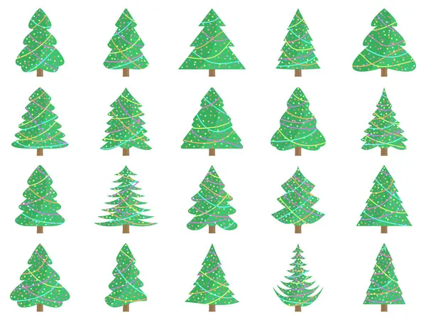 Sada Zdobené Vánoční Stromky Ikony Izolované Bílém Pozadí Vánoční Stromek — Stockový vektor