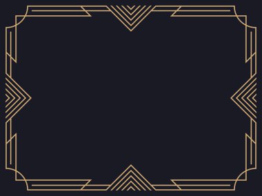 Art deco çerçeve. Klasik doğrusal sınır. Davetiyeler, broşürler ve tebrik kartları için bir şablon tasarla. Geometrik altın çerçeveli. 1920 'lerin tarzı - 1930' lar. Vektör illüstrasyonu