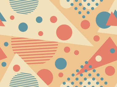 80 'lerin memphis tarzında geometrik kusursuz desen. Broşürler, afişler ve reklamlar için soyut geometrik arkaplan tasarımı. 80 'ler - 90' lar tarzı ambalaj kağıdı kalıbı. Vektör illüstrasyonu