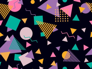 80 'lerin memphis tarzında geometrik kusursuz desen. Broşürler, afişler ve reklamlar için soyut geometrik arkaplan tasarımı. 80 'ler - 90' lar tarzı ambalaj kağıdı kalıbı. Vektör illüstrasyonu