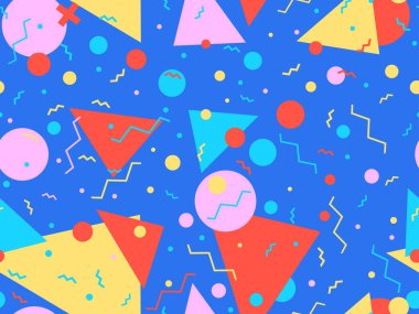 80 'lerin memphis tarzında geometrik kusursuz desen. Broşürler, afişler ve reklamlar için soyut geometrik arkaplan tasarımı. 80 'ler - 90' lar tarzı ambalaj kağıdı kalıbı. Vektör illüstrasyonu