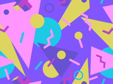 80 'lerin memphis tarzında geometrik kusursuz desen. Broşürler, afişler ve reklamlar için soyut geometrik arkaplan tasarımı. 80 'ler - 90' lar tarzı ambalaj kağıdı kalıbı. Vektör illüstrasyonu