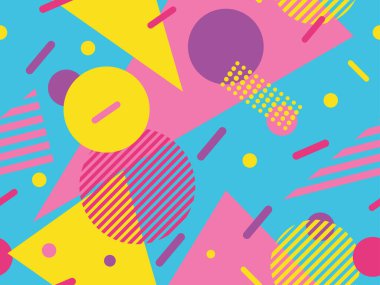 80 'lerin memphis tarzında geometrik kusursuz desen. Broşürler, afişler ve reklamlar için soyut geometrik arkaplan tasarımı. 80 'ler - 90' lar tarzı ambalaj kağıdı kalıbı. Vektör illüstrasyonu