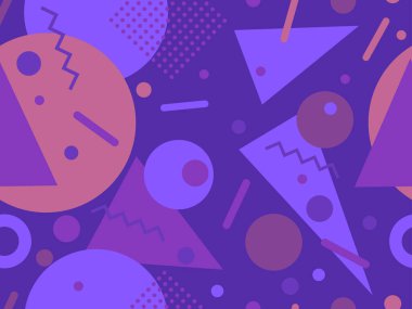 80 'lerin memphis tarzında geometrik kusursuz desen. Broşürler, afişler ve reklamlar için soyut geometrik arkaplan tasarımı. 80 'ler - 90' lar tarzı ambalaj kağıdı kalıbı. Vektör illüstrasyonu