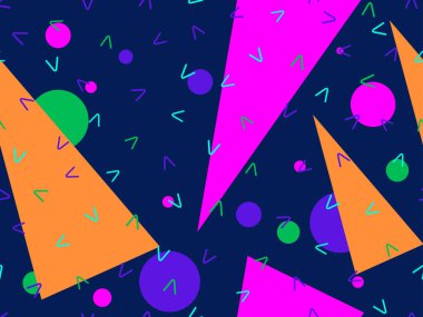 80 'lerin memphis tarzında geometrik kusursuz desen. Broşürler, afişler ve reklamlar için soyut geometrik arkaplan tasarımı. 80 'ler - 90' lar tarzı ambalaj kağıdı kalıbı. Vektör illüstrasyonu