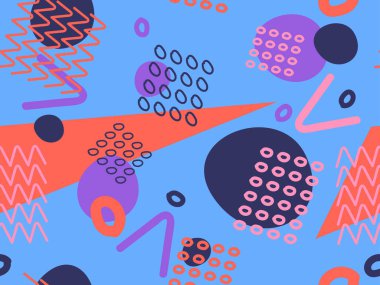 80 'lerin memphis tarzında geometrik kusursuz desen. Broşürler, afişler ve reklamlar için soyut geometrik arkaplan tasarımı. 80 'ler - 90' lar tarzı ambalaj kağıdı kalıbı. Vektör illüstrasyonu