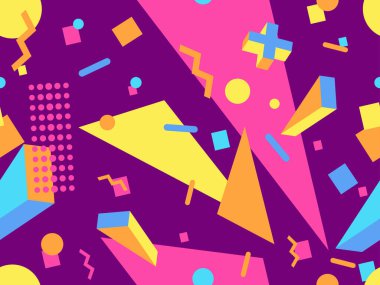 80 'lerin memphis tarzında geometrik kusursuz desen. Broşürler, afişler ve reklamlar için soyut geometrik arkaplan tasarımı. 80 'ler - 90' lar tarzı ambalaj kağıdı kalıbı. Vektör illüstrasyonu