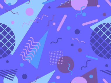 80 'lerin memphis tarzında geometrik kusursuz desen. Broşürler, afişler ve reklamlar için soyut geometrik arkaplan tasarımı. 80 'ler - 90' lar tarzı ambalaj kağıdı kalıbı. Vektör illüstrasyonu