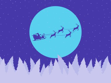 Noel Baba bir kızakta ren geyikleriyle ayın arka planında ve Noel ağaçlarıyla kaplı karlı bir arazide. Kutlama kartları, posterler ve afişler için şenlik tasarımı. Vektör illüstrasyonu