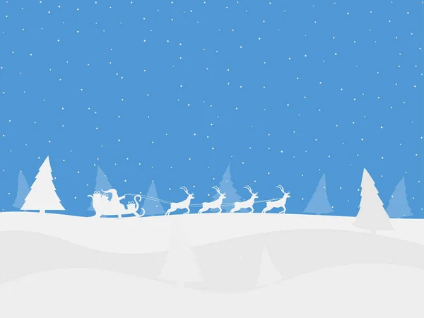 Der Weihnachtsmann Schlitten Mit Rentieren Auf Einer Winterlandschaft Mit Tannenbäumen — Stockvektor