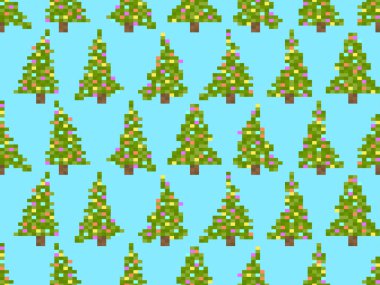 Piksel süslenmiş Noel ağaçları kusursuz desen. Piksel sanat retro video oyunları tarzında 8 bit Noel ağacı. Baskı, ambalaj kağıdı ve reklam için tasarlandı. Vektör illüstrasyonu