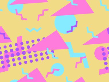 80 'lerin memphis tarzında geometrik kusursuz desen. Geometrik şekilli renkli bir arka plan. Promosyon ürünleri, ambalaj kağıdı, broşür ve baskı için tasarım. Vektör illüstrasyonu