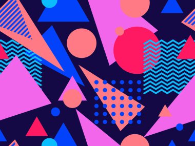 80 'lerin memphis tarzında geometrik kusursuz desen. Geometrik şekilli renkli bir arka plan. Promosyon ürünleri, ambalaj kağıdı, broşür ve baskı için tasarım. Vektör illüstrasyonu