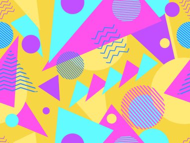 80 'lerin memphis tarzında geometrik kusursuz desen. Geometrik şekilli renkli bir arka plan. Promosyon ürünleri, ambalaj kağıdı, broşür ve baskı için tasarım. Vektör illüstrasyonu