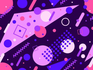 80 'lerin memphis tarzında geometrik kusursuz desen. Geometrik şekilli renkli bir arka plan. Promosyon ürünleri, ambalaj kağıdı, broşür ve baskı için tasarım. Vektör illüstrasyonu