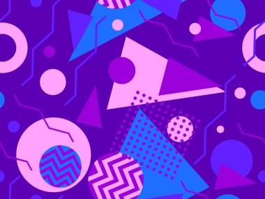 80 'lerin memphis tarzında geometrik kusursuz desen. Geometrik şekilli renkli bir arka plan. Promosyon ürünleri, ambalaj kağıdı, broşür ve baskı için tasarım. Vektör illüstrasyonu