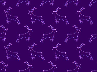 Geyik desenli pikseller. Noel arka planında pikselli geyik resmi. Retro 8-bit video oyunu. Baskı, ambalaj kağıdı ve reklam için tasarlandı. Vektör illüstrasyonu