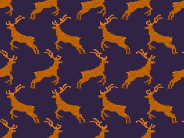 Geyik desenli pikseller. Noel arka planında pikselli geyik resmi. Retro 8-bit video oyunu. Baskı, ambalaj kağıdı ve reklam için tasarlandı. Vektör illüstrasyonu