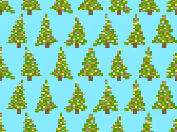 Pixel Versierde Kerstbomen Naadloos Patroon Bit Kerstboom Stijl Van Pixel — Stockvector