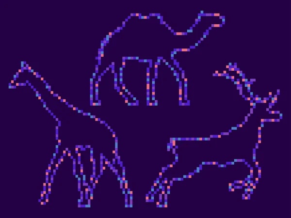 Pixel Dieren Herten Kameel Giraffe Dier Pictogrammen Bit Retro Video — Stockvector
