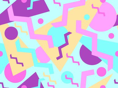 80 'lerin memphis tarzında geometrik kusursuz desen. Geometrik şekilli renkli bir arka plan. Promosyon ürünleri, ambalaj kağıdı, broşür ve baskı için tasarım. Vektör illüstrasyonu