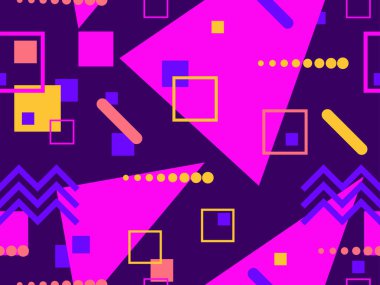 80 'lerin memphis tarzında geometrik kusursuz desen. Geometrik şekilli renkli bir arka plan. Promosyon ürünleri, ambalaj kağıdı, broşür ve baskı için tasarım. Vektör illüstrasyonu