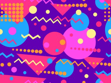 80 'lerin memphis tarzında geometrik kusursuz desen. Geometrik şekilli renkli bir arka plan. Promosyon ürünleri, ambalaj kağıdı, broşür ve baskı için tasarım. Vektör illüstrasyonu