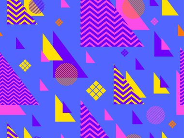 80 'lerin memphis tarzında geometrik kusursuz desen. Geometrik şekilli renkli bir arka plan. Promosyon ürünleri, ambalaj kağıdı, broşür ve baskı için tasarım. Vektör illüstrasyonu