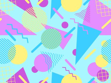 80 'lerin memphis tarzında geometrik kusursuz desen. Geometrik şekilli renkli bir arka plan. Promosyon ürünleri, ambalaj kağıdı, broşür ve baskı için tasarım. Vektör illüstrasyonu