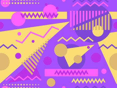 80 'lerin memphis tarzında geometrik kusursuz desen. Geometrik şekilli renkli bir arka plan. Promosyon ürünleri, ambalaj kağıdı, broşür ve baskı için tasarım. Vektör illüstrasyonu
