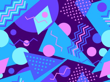 80 'lerin memphis tarzında geometrik kusursuz desen. Geometrik şekilli renkli bir arka plan. Promosyon ürünleri, ambalaj kağıdı, broşür ve baskı için tasarım. Vektör illüstrasyonu