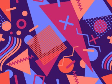 80 'lerin memphis tarzında geometrik kusursuz desen. Geometrik şekilli renkli bir arka plan. Promosyon ürünleri, ambalaj kağıdı, broşür ve baskı için tasarım. Vektör illüstrasyonu