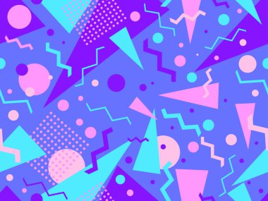 80 'lerin memphis tarzında geometrik kusursuz desen. Geometrik şekilli renkli bir arka plan. Promosyon ürünleri, ambalaj kağıdı, broşür ve baskı için tasarım. Vektör illüstrasyonu