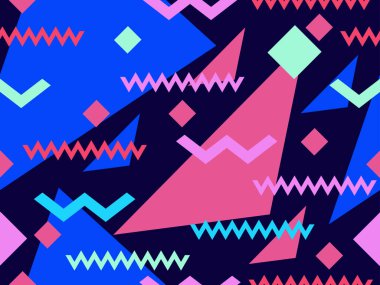 80 'lerin memphis tarzında geometrik kusursuz desen. Geometrik şekilli renkli bir arka plan. Promosyon ürünleri, ambalaj kağıdı, broşür ve baskı için tasarım. Vektör illüstrasyonu