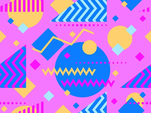 80 'lerin memphis tarzında geometrik kusursuz desen. Geometrik şekilli renkli bir arka plan. Promosyon ürünleri, ambalaj kağıdı, broşür ve baskı için tasarım. Vektör illüstrasyonu