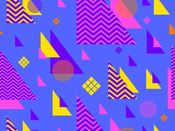 80 'lerin memphis tarzında geometrik kusursuz desen. Geometrik şekilli renkli bir arka plan. Promosyon ürünleri, ambalaj kağıdı, broşür ve baskı için tasarım. Vektör illüstrasyonu