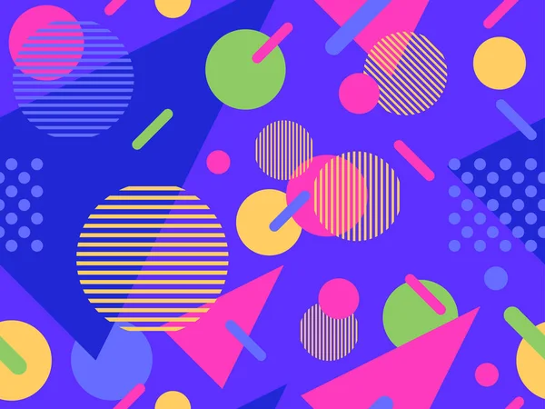 80 'lerin memphis tarzında geometrik kusursuz desen. Geometrik şekilli renkli bir arka plan. Promosyon ürünleri, ambalaj kağıdı, broşür ve baskı için tasarım. Vektör illüstrasyonu