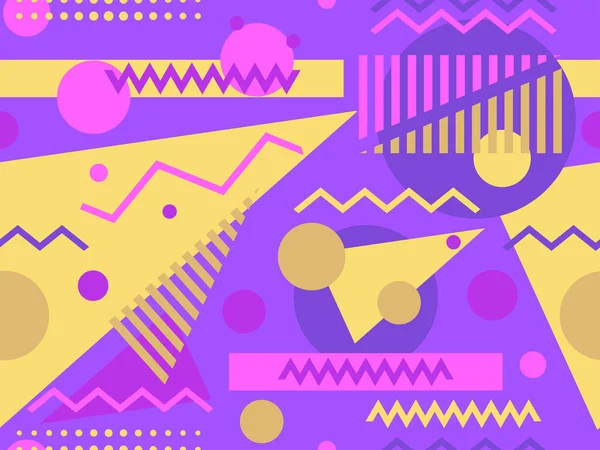 80 'lerin memphis tarzında geometrik kusursuz desen. Geometrik şekilli renkli bir arka plan. Promosyon ürünleri, ambalaj kağıdı, broşür ve baskı için tasarım. Vektör illüstrasyonu