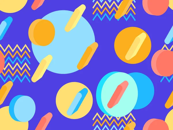 80 'lerin memphis tarzında 3 boyutlu geometrik kusursuz desen. Renkli arka plan ve izometrik geometrik şekiller. Promosyon ürünleri, ambalaj kağıdı, broşür ve baskı için tasarım. Vektör illüstrasyonu
