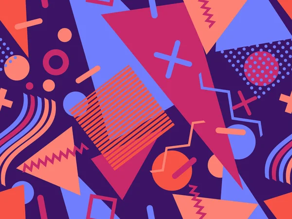 80 'lerin memphis tarzında geometrik kusursuz desen. Geometrik şekilli renkli bir arka plan. Promosyon ürünleri, ambalaj kağıdı, broşür ve baskı için tasarım. Vektör illüstrasyonu