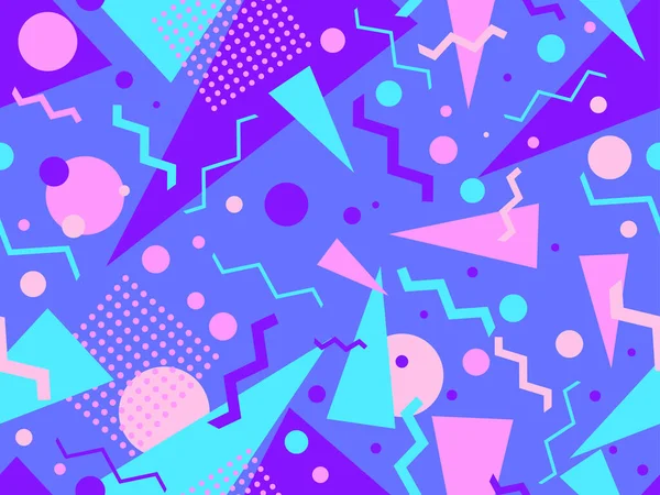 80 'lerin memphis tarzında geometrik kusursuz desen. Geometrik şekilli renkli bir arka plan. Promosyon ürünleri, ambalaj kağıdı, broşür ve baskı için tasarım. Vektör illüstrasyonu