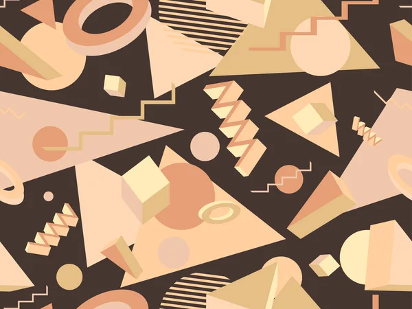 80 'lerin memphis tarzında 3 boyutlu geometrik kusursuz desen. İzometrik geometrik şekilli bir arka plan. Promosyon ürünleri, ambalaj kağıdı, broşür ve baskı için tasarım. Vektör illüstrasyonu