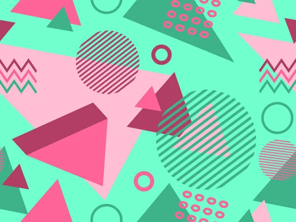80 'lerin memphis tarzında 3 boyutlu geometrik kusursuz desen. Renkli arka plan ve izometrik geometrik şekiller. Promosyon ürünleri, ambalaj kağıdı, broşür ve baskı için tasarım. Vektör illüstrasyonu