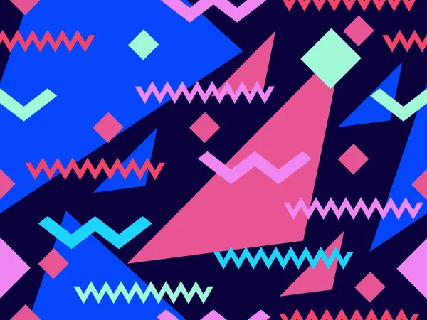 80 'lerin memphis tarzında geometrik kusursuz desen. Geometrik şekilli renkli bir arka plan. Promosyon ürünleri, ambalaj kağıdı, broşür ve baskı için tasarım. Vektör illüstrasyonu