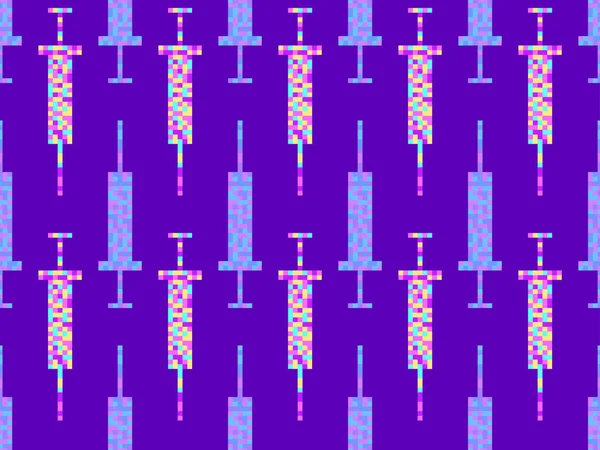 Бесшовный Рисунок Пиксельными Шприцами Фиолетовом Фоне Шприцы Вакиной Стиле Битной — стоковый вектор
