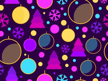 80 'lerin tarzında geometrik şekilli kusursuz bir Noel deseni. Noel baloları ve üçgenli ağaçlar broşürler, afişler ve ambalaj kağıtları için kar taneleri. Vektör illüstrasyonu