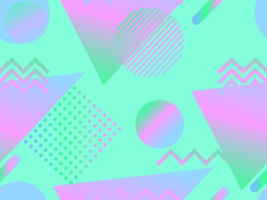 80 'lerin tarzında eğimli geometrik şekillere sahip kusursuz desen. Paket kağıtları, afişler ve ürün promosyonları için tasarım. Vektör illüstrasyonu